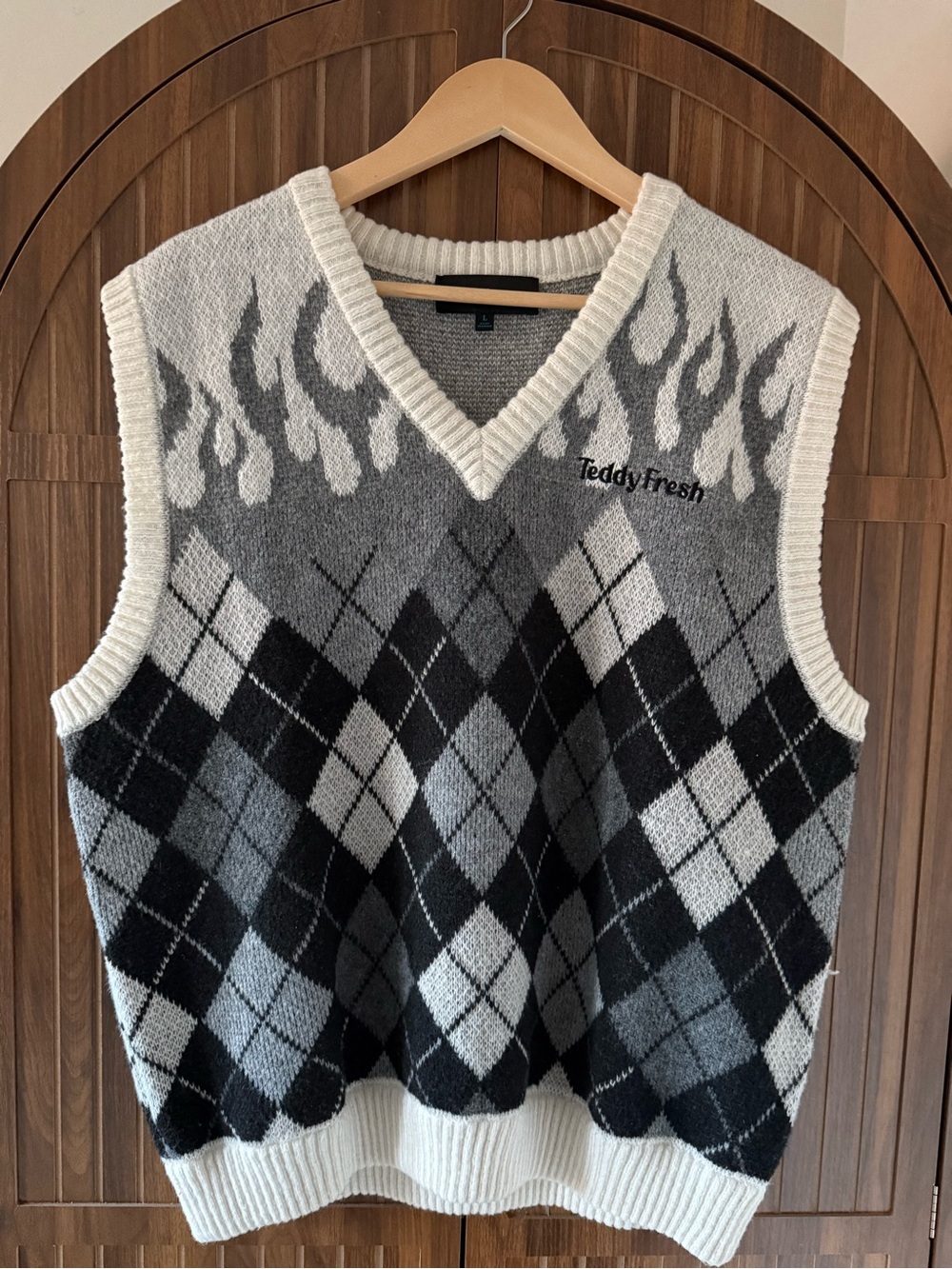 Teddy Fresh “In Flames” - Gray & Black Argyle Knit Vest with Flame Accent